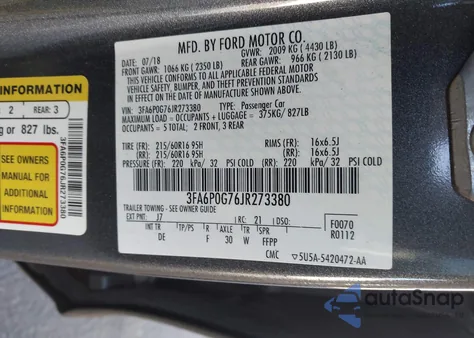 2018 Ford Fusion S из США, поврежденный, VIN 3FA6P0G76JR273380